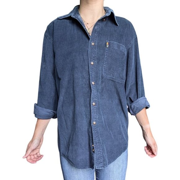 Private Member Tops - Private Member Corduroy  Navy Collar Shirt with Small Brown Buttons Men Size S